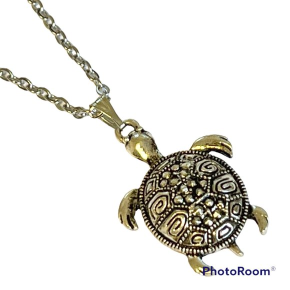 Silver Sea Turtle Necklace Marcasite Crystal Stainless Steel 20" Chain Plated - Picture 2 of 13